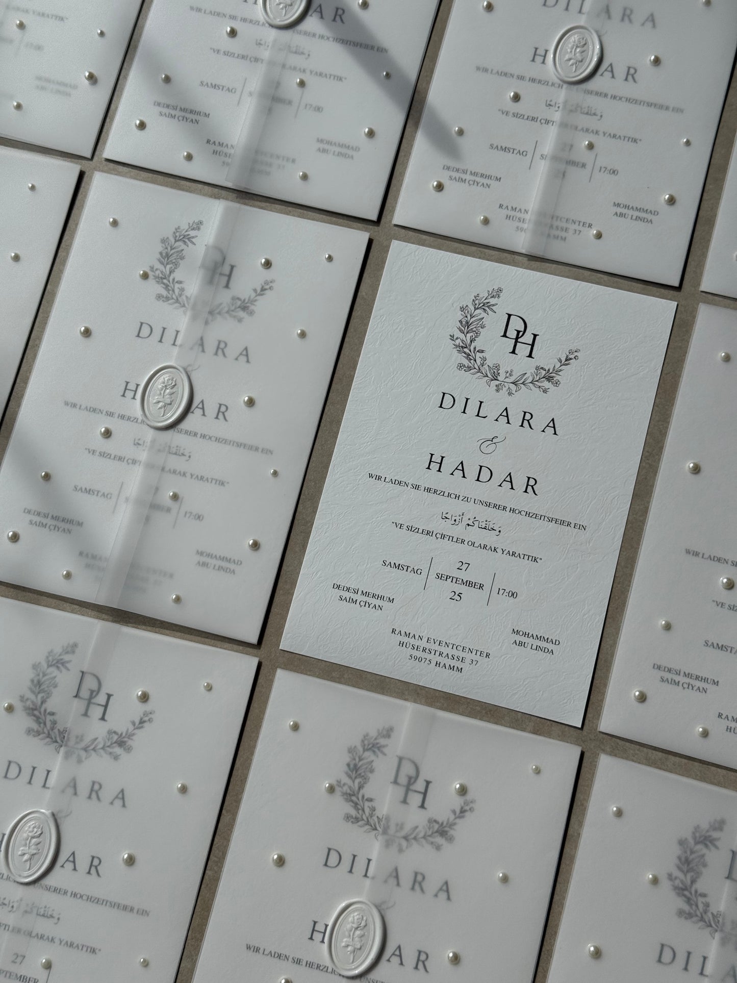 Edle Einladungskarten Hochzeit mit transparentem Umschlag mit Perlen und Siegel, Verlobung, Wedding Invitation, Mr & Mrs, Pearls, Wax Seals
