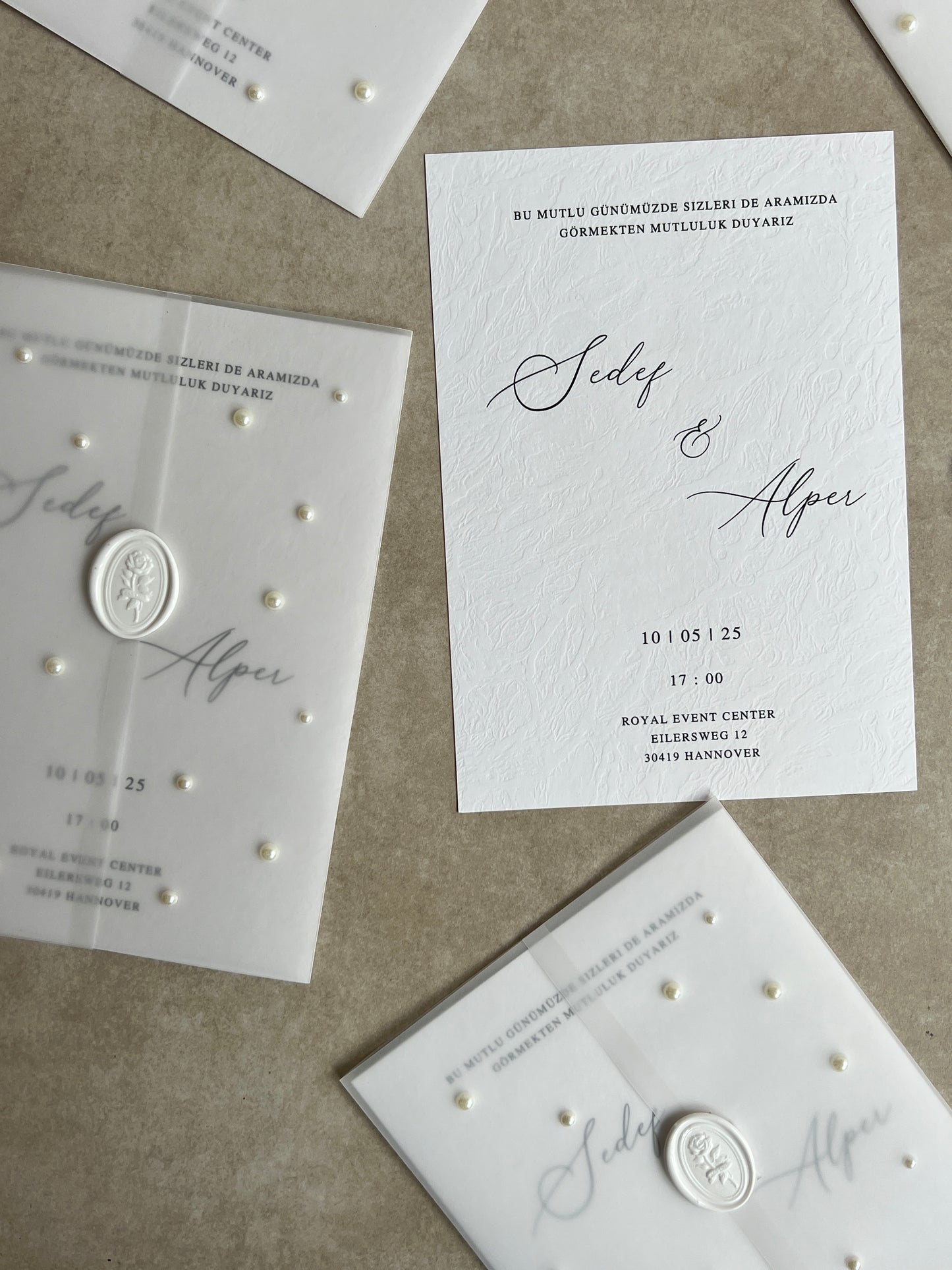 Edle Einladungskarten Hochzeit mit transparentem Umschlag mit Perlen und Siegel, Verlobung, Wedding Invitation, Mr & Mrs, Pearls, Wax Seals
