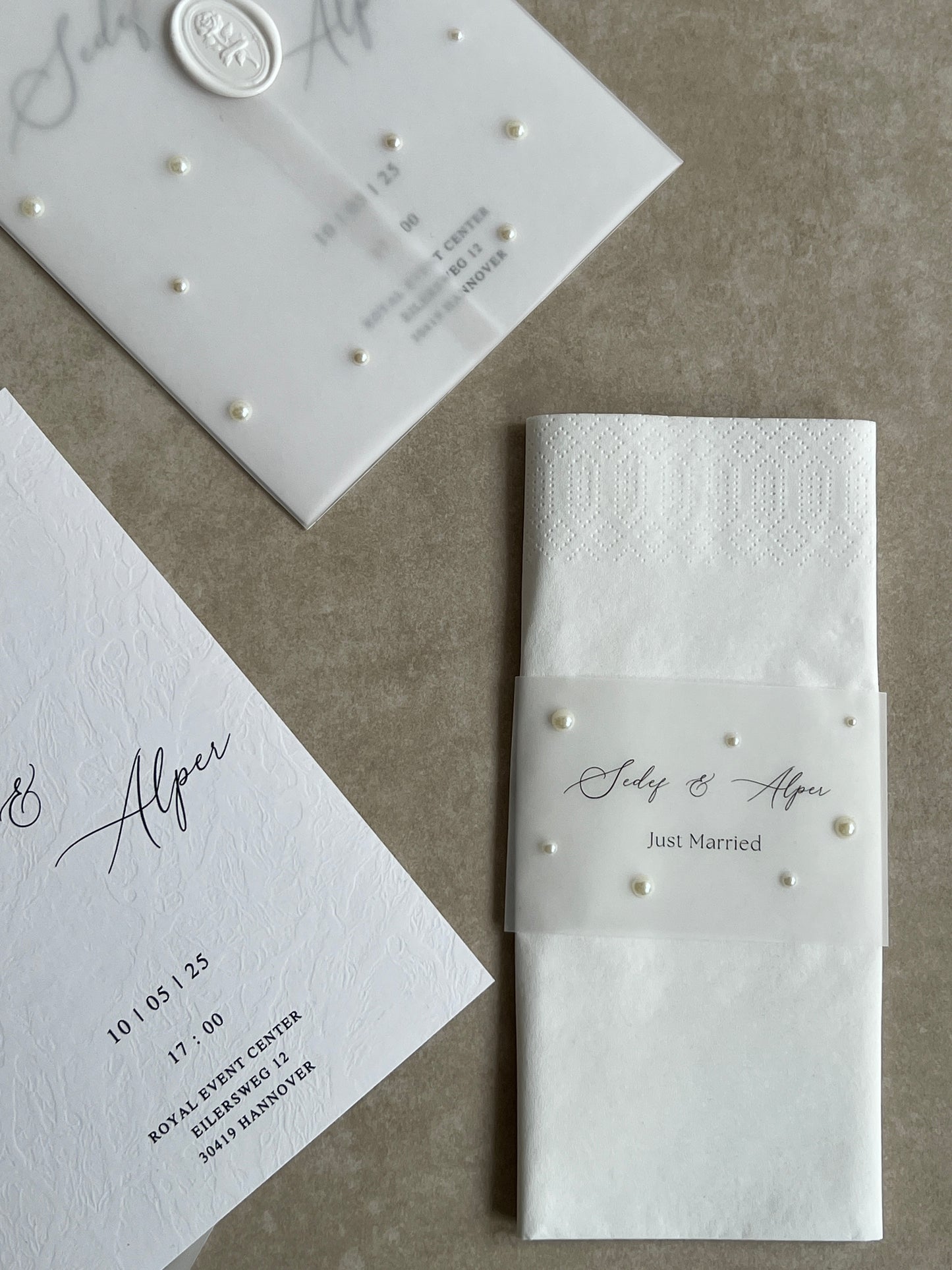 Edle Einladungskarten Hochzeit mit transparentem Umschlag mit Perlen und Siegel, Verlobung, Wedding Invitation, Mr & Mrs, Pearls, Wax Seals
