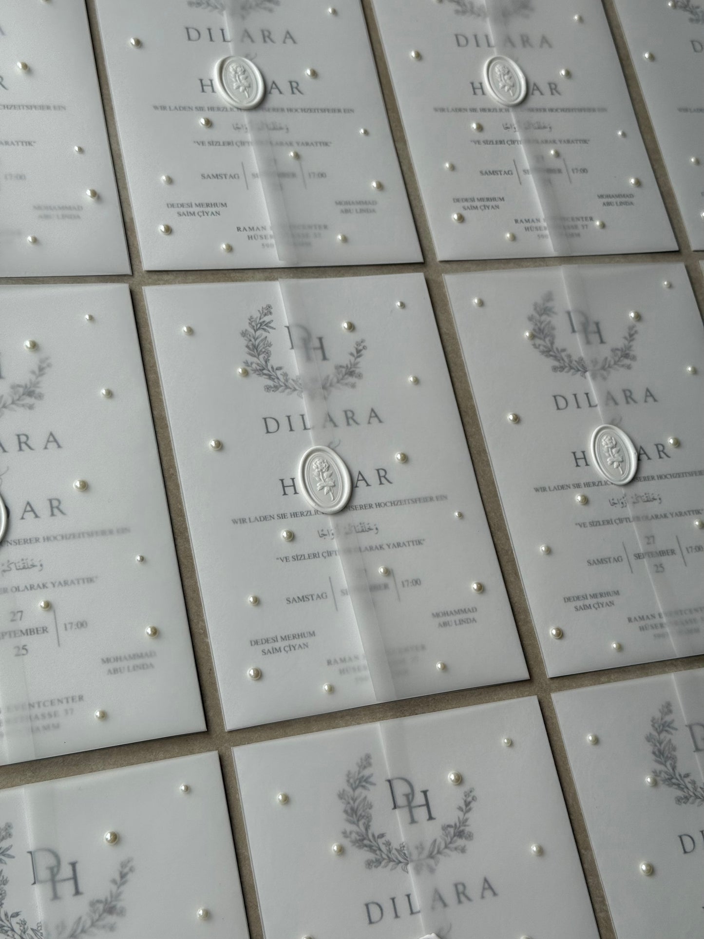 Edle Einladungskarten Hochzeit mit transparentem Umschlag mit Perlen und Siegel, Verlobung, Wedding Invitation, Mr & Mrs, Pearls, Wax Seals