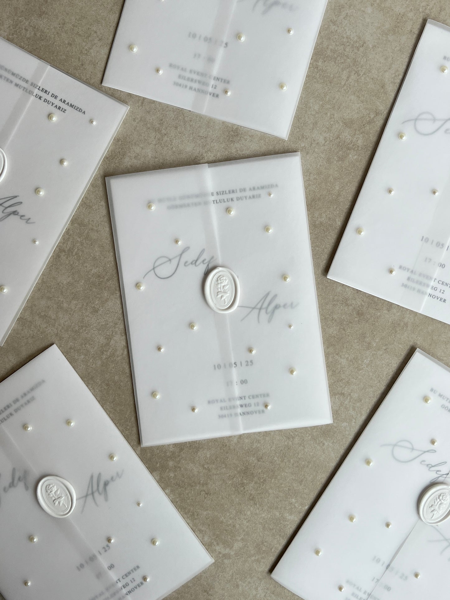 Edle Einladungskarten Hochzeit mit transparentem Umschlag mit Perlen und Siegel, Verlobung, Wedding Invitation, Mr & Mrs, Pearls, Wax Seals