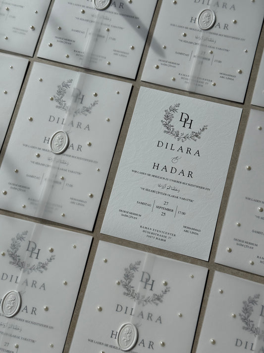 Edle Einladungskarten Hochzeit mit transparentem Umschlag mit Perlen und Siegel, Verlobung, Wedding Invitation, Mr & Mrs, Pearls, Wax Seals