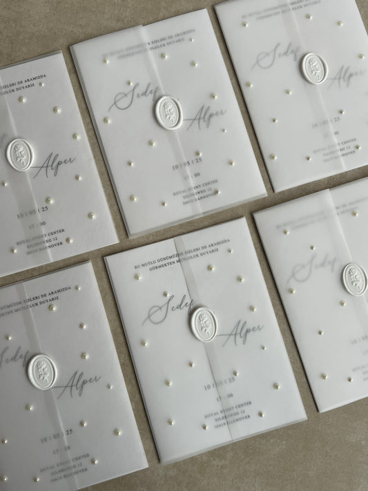 Edle Einladungskarten Hochzeit mit transparentem Umschlag mit Perlen und Siegel, Verlobung, Wedding Invitation, Mr & Mrs, Pearls, Wax Seals