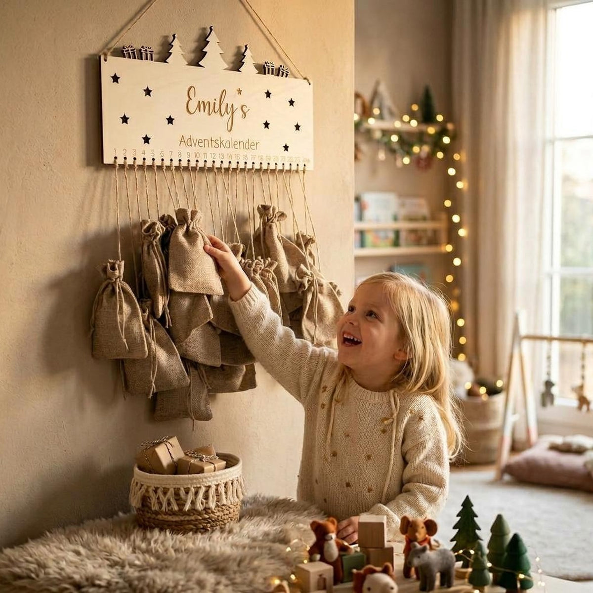 Mädchen öffnet Säckchen am personalisierten Adventskalender aus Holz mit Namen Emily