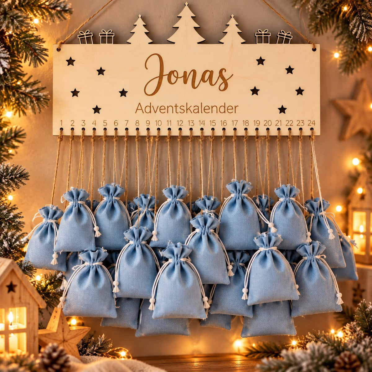 Personalisierter Adventskalender aus Holz mit Namen Jonas und 24 hellblauen Säckchen zum Befüllen