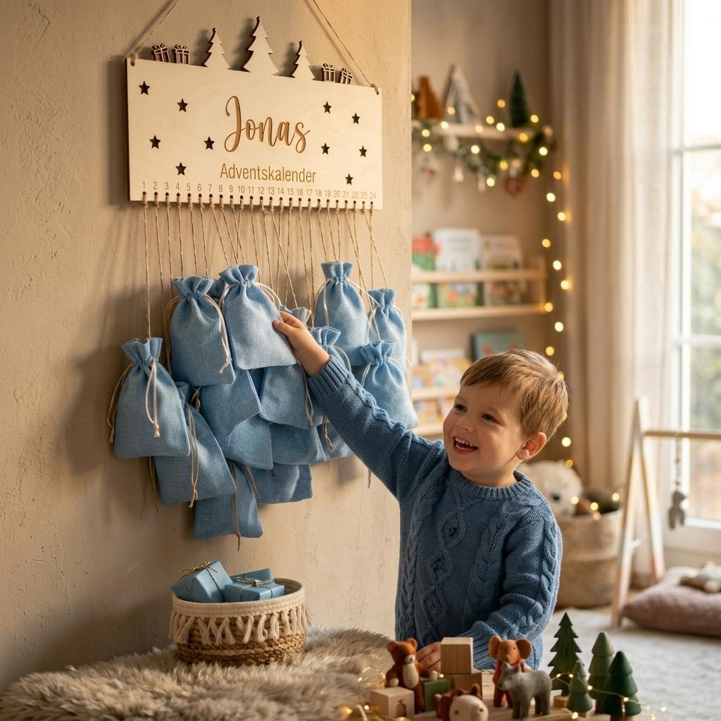 Junge freut sich am personalisierten Adventskalender mit Namen Jonas und blauen Säckchen