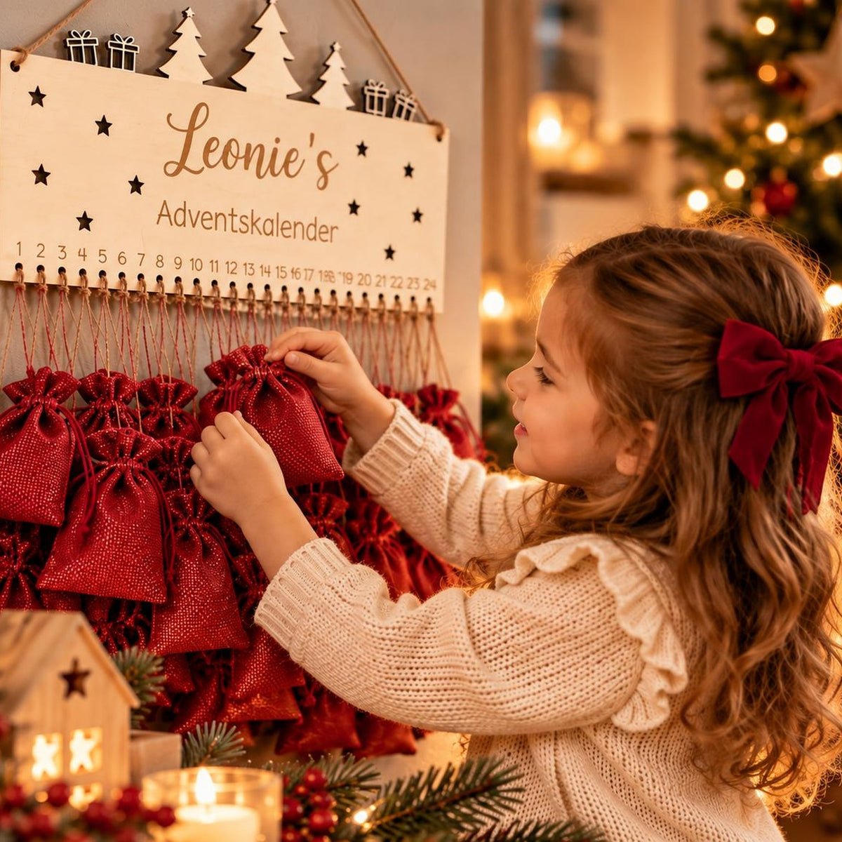 Mädchen öffnet rotes Säckchen am personalisierten Adventskalender aus Holz mit Namen Leonie