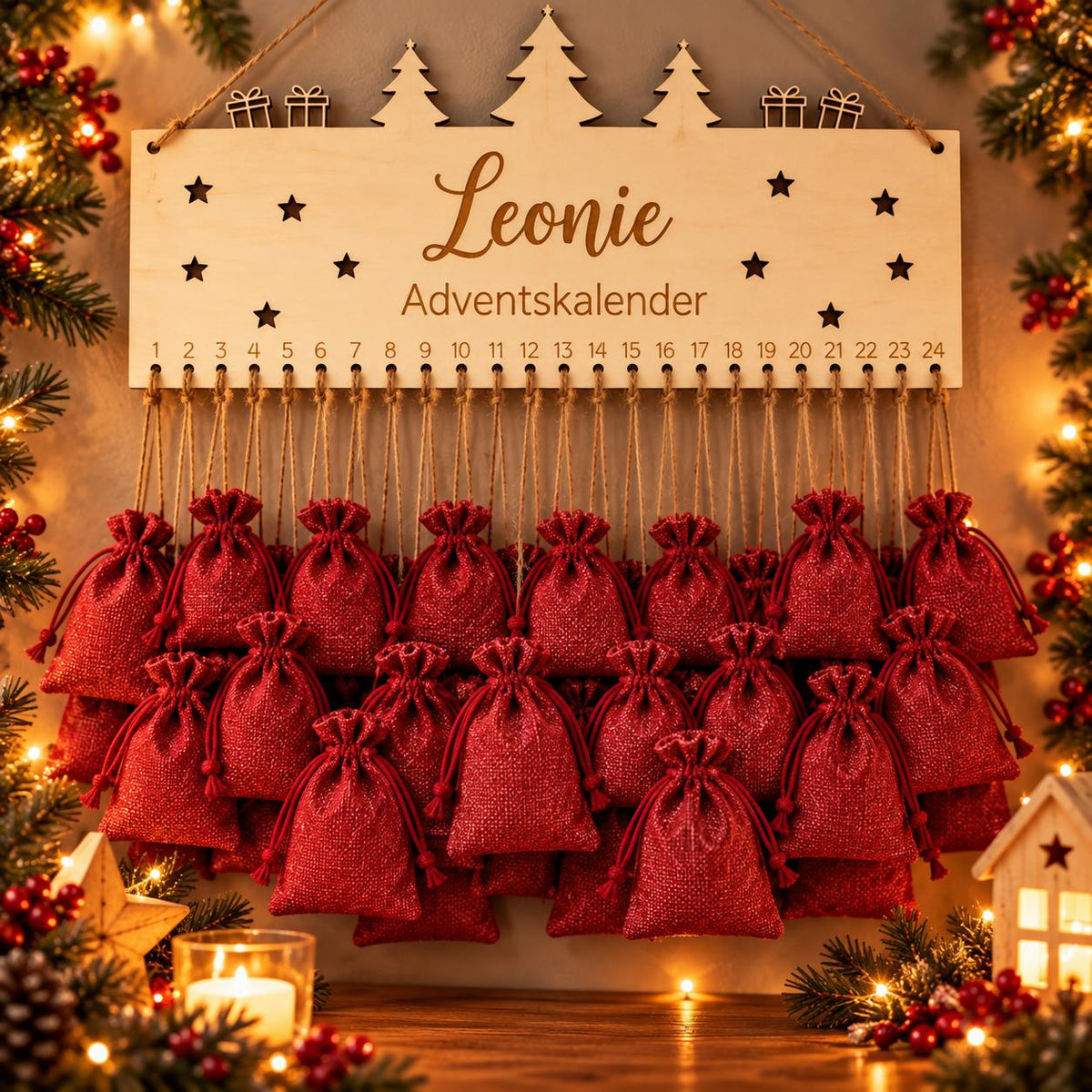 Personalisierter Adventskalender aus Holz mit Namen Leonie und 24 roten Säckchen