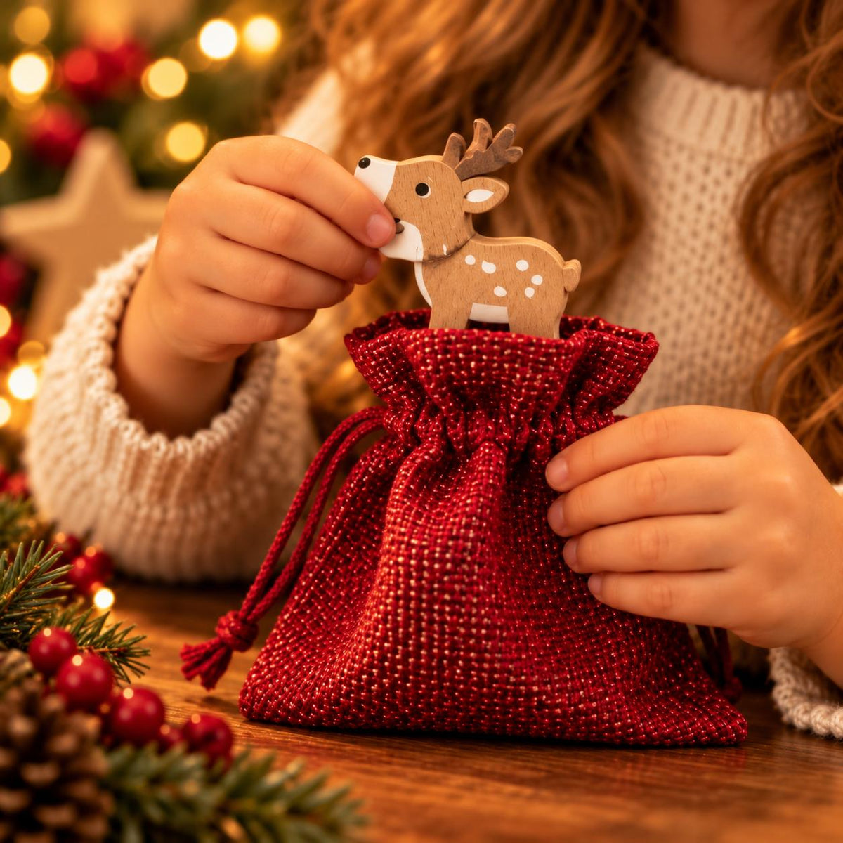 Kind holt kleines Holz-Rentier aus einem roten Säckchen des Adventskalenders