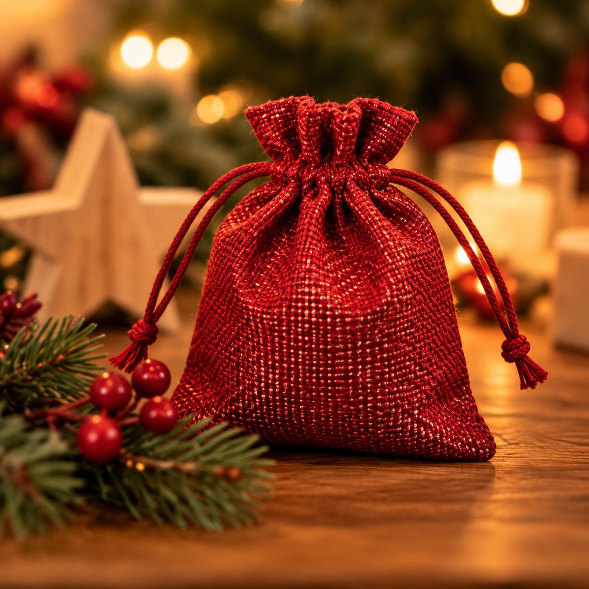 Rotes Jutesäckchen mit Zugband für den personalisierten Adventskalender